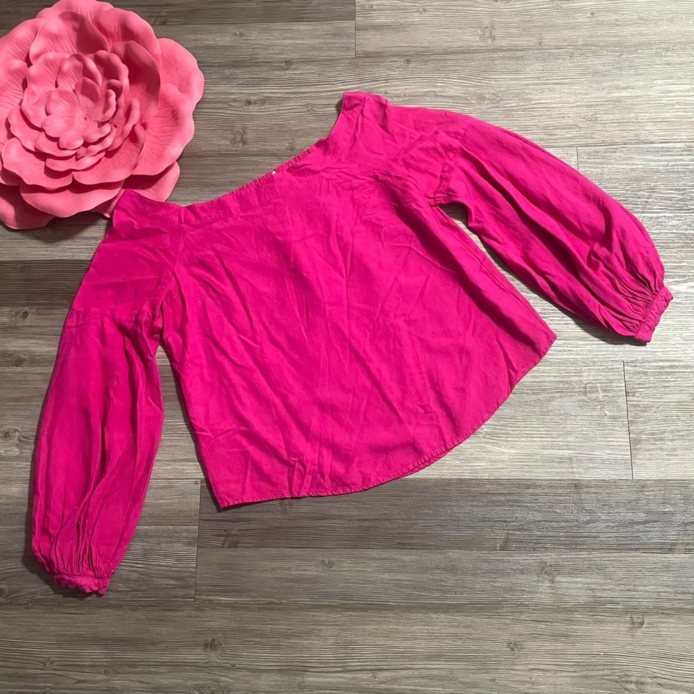 Anthropologie FLOREAT Sz‎ 10 Fuchsia Mazda Bell Sleeve Blouse Top Linen Blend